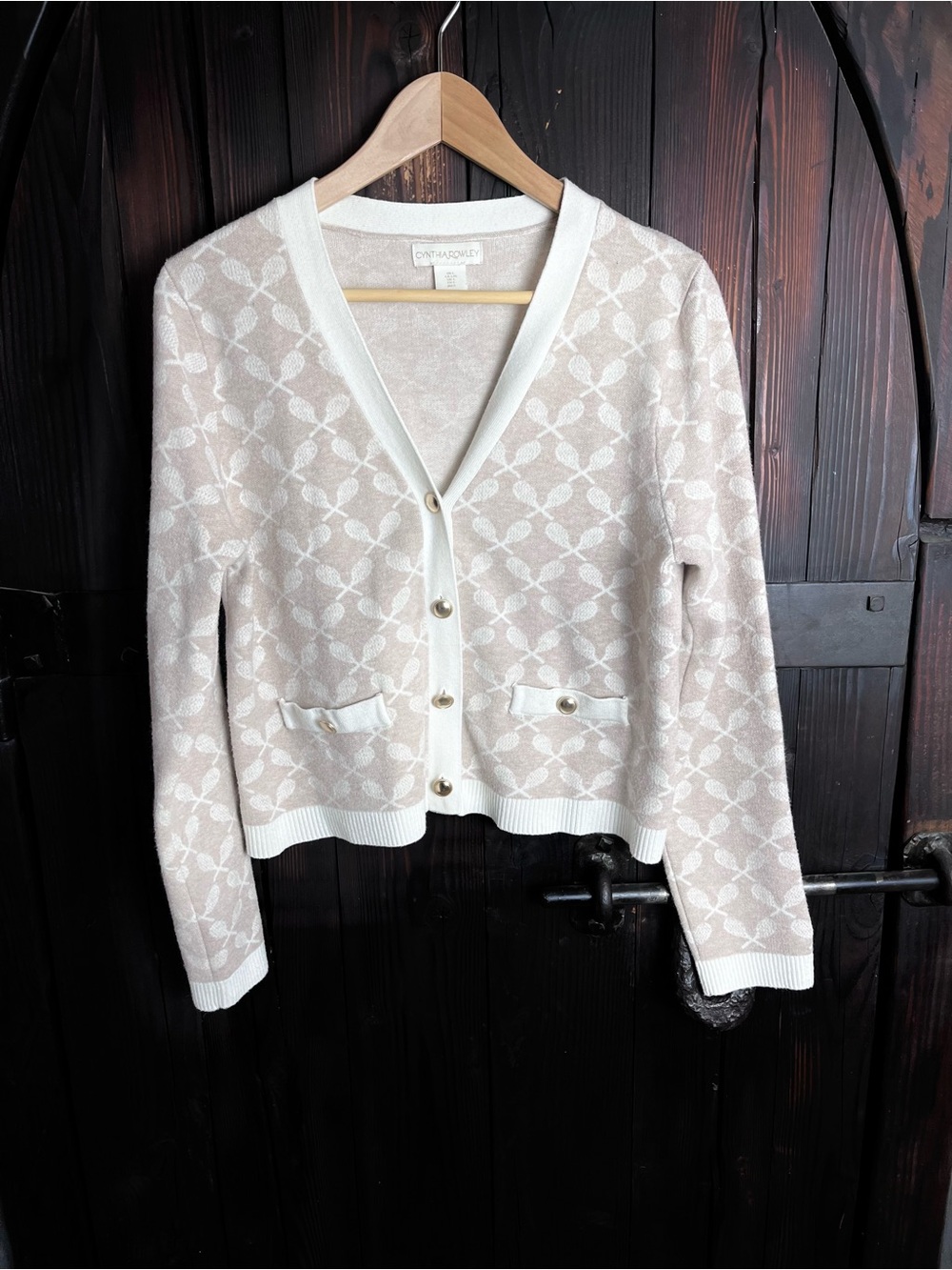 Cynthia Rowley Cream Patterned V-Neck Cardigan with Pocket Details